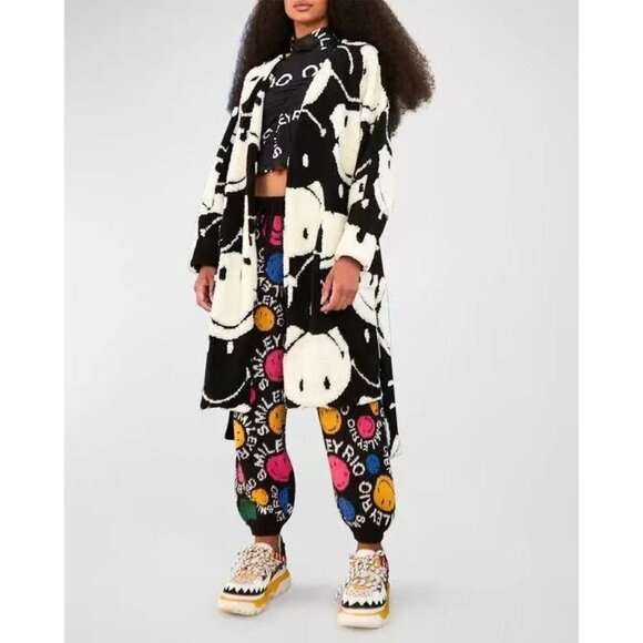 NWOT Farm Rio X Smiley Wool Blend Tie-Belt Cardigan Coat Size S Black Cream - Picture 1 of 15
